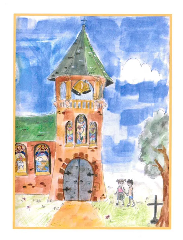 Kinderzeichnung einer Kirche mit Glockenturm und zwei Kindern.