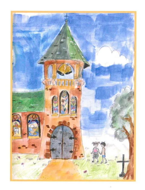 Kinderzeichnung einer Kirche mit Glockenturm und zwei Kindern.