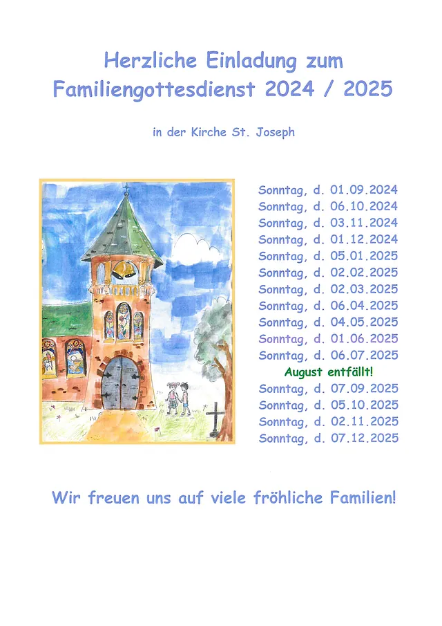 Einladung zum Familiengottesdienst in St. Joseph mit Terminen.